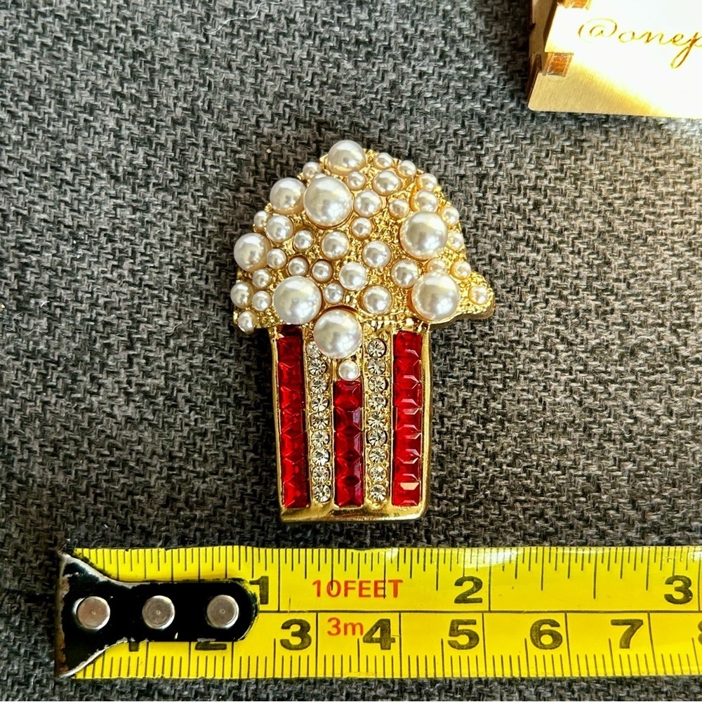 Red White Gold Rhinestone Popcorn Bucket Fashion Brooch Pin - Picture 8 of 17